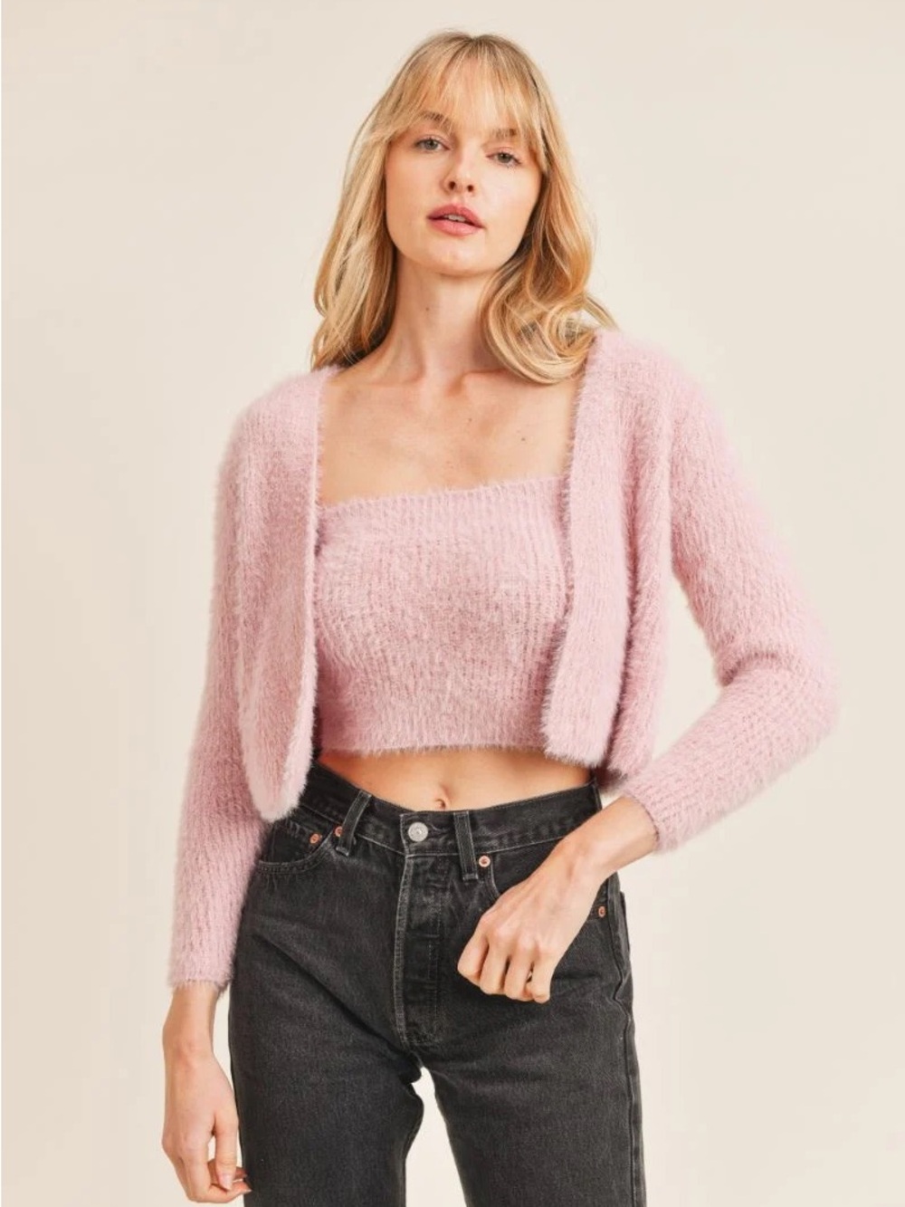 Sadie & Sage Cropped Fuzzy Cardigan & Knit Cami Set - Light Blush